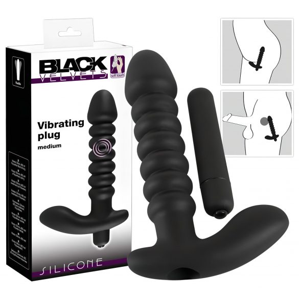 Zwarte Fluwelen vibrator met ribbels - medium (zwart)