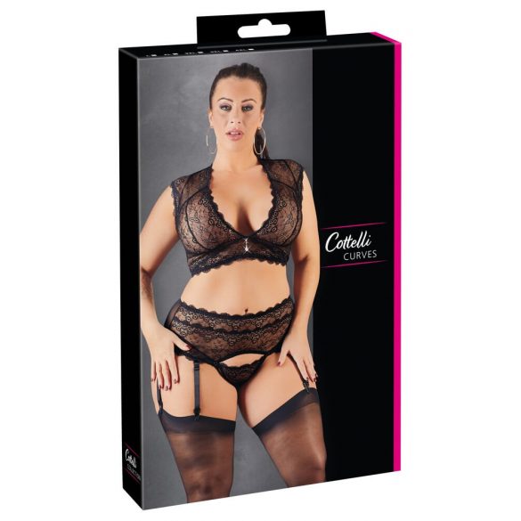 Cottelli Grote Maten - strass kant lingerie set (zwart) - 2XL