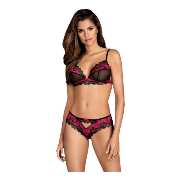 Obsessive Tulia - kanten lingerieset (zwart-roze) - L/XL