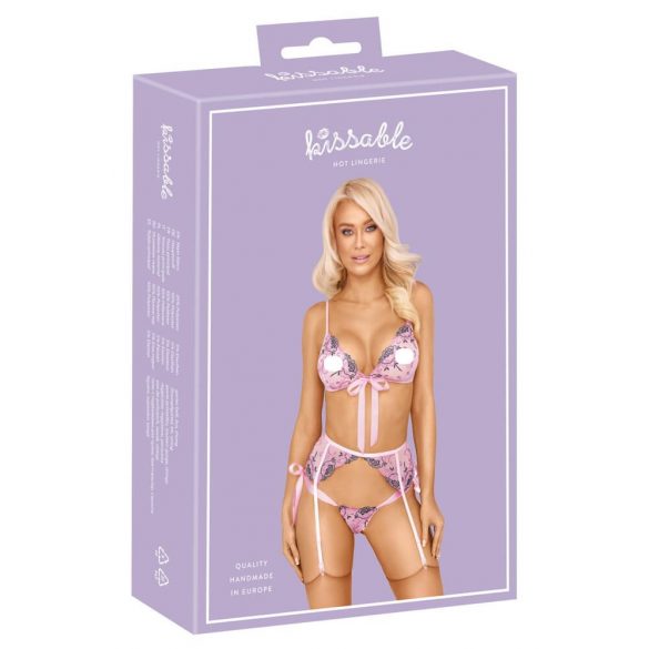 Kissbare - roze geborduurd ondergoed set (roze) - L/XL