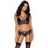 Cottelli - 3-delige kanten lingerie set (zwart-paars) - M