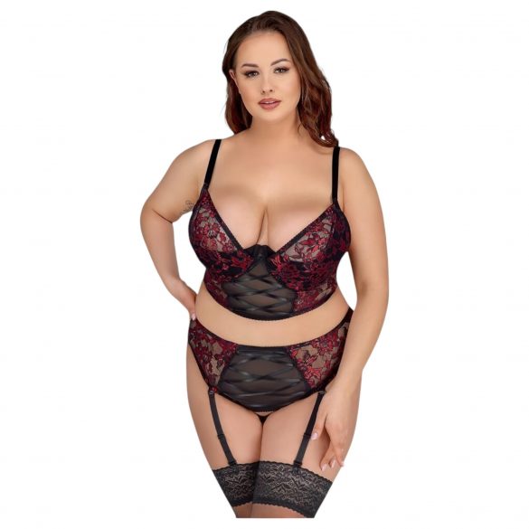 Cottelli Plus Size - BH set met jarretelles (zwart-rood)