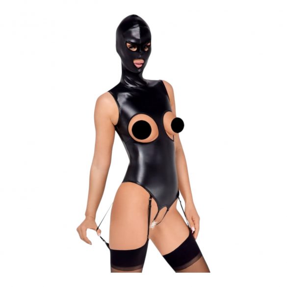 Slecht Katje - open bodysuit met kap (zwart) - L