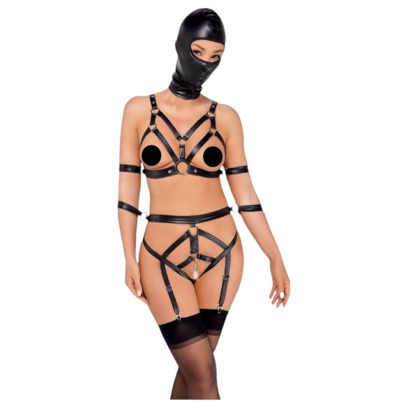 Slecht Kat - lichaamsharnas set en masker (zwart) - S