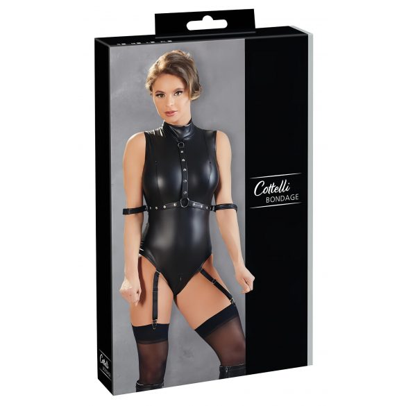 Cottelli Bondage - mouwloze, glanzende body met handboeien (zwart)