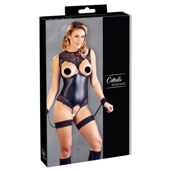 Cottelli Bondage - glanzende open body met handboeien (zwart)