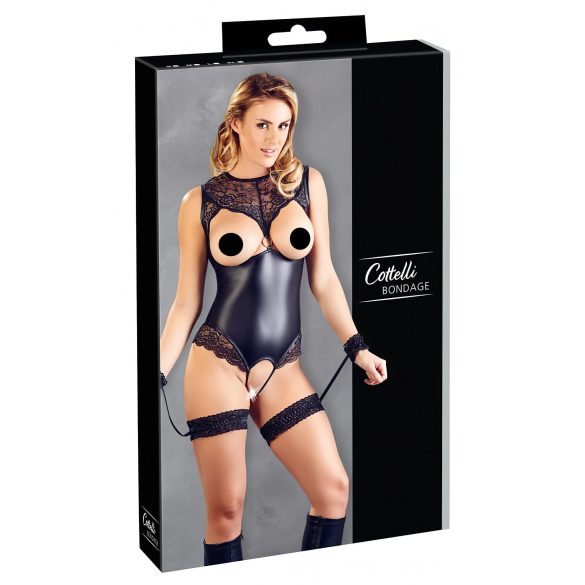 Cottelli Bondage - glanzende open body met handboeien (zwart) - L