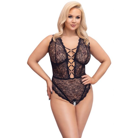 Cottelli Curves Plus Size - doorzichtige patroon bodysuit (zwart)