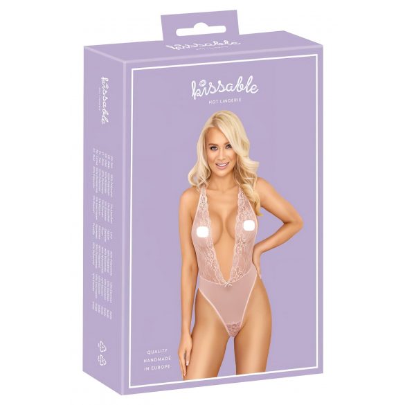 Kissable - diep uitgesneden kanten body (roze) - L/XL