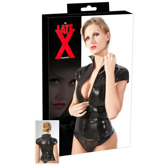 Latex - ritsluiting, korte mouw dames top (zwart)