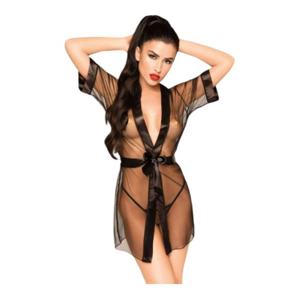 Penthouse Midnight Mirage - satijnen kimono en string (zwart)